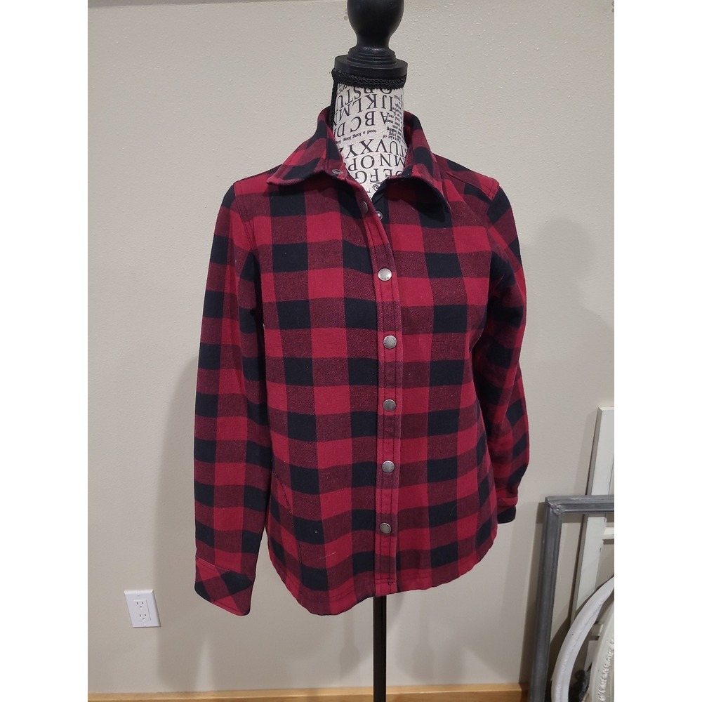 Orvis red black Buffalo Plaid Flannel Shacket Fleece Lined pockets Women SZ S